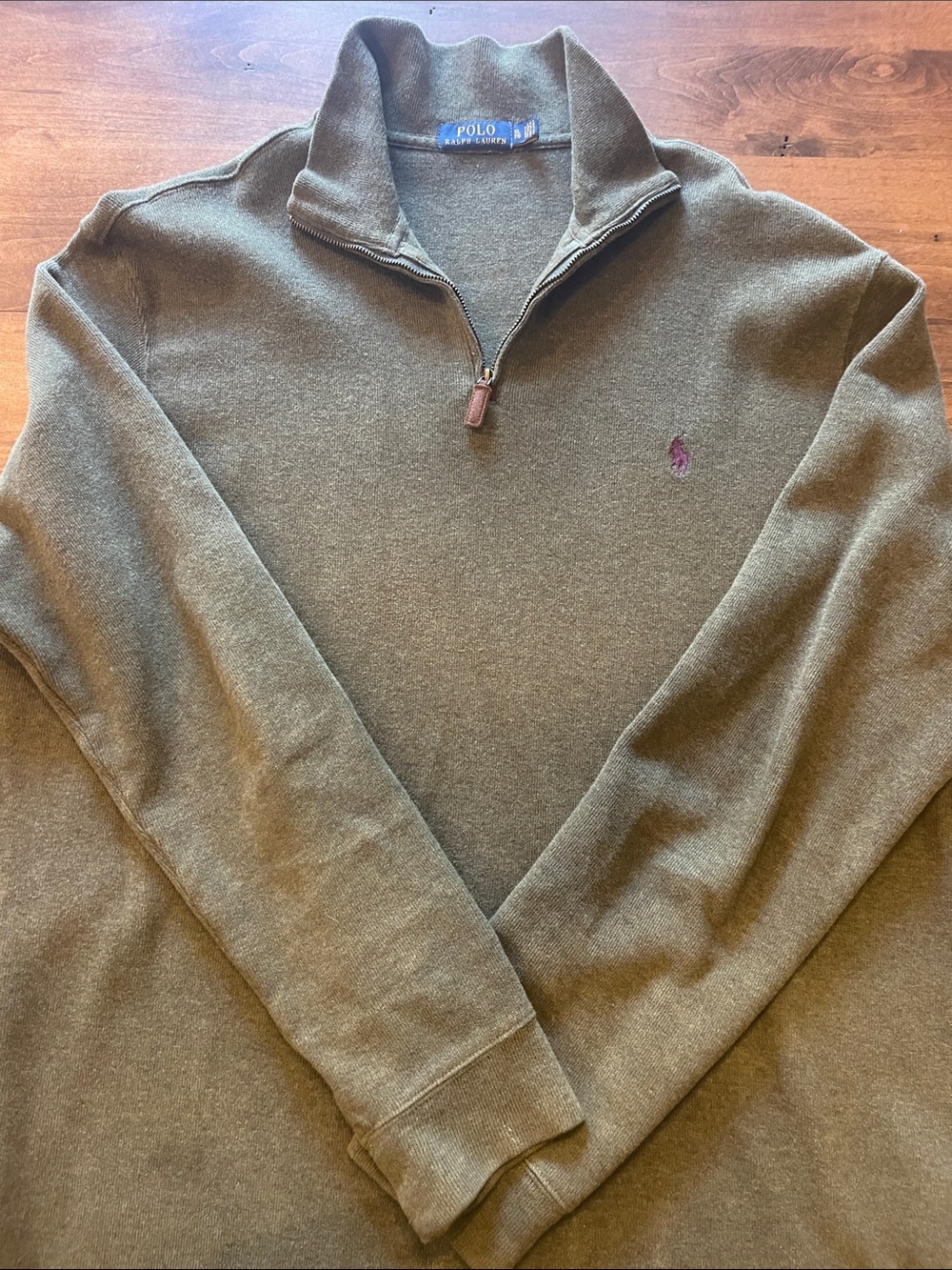 Polo by Ralph Lauren Olive Green Quarter-Zip Sweater with Purple Polo Logo